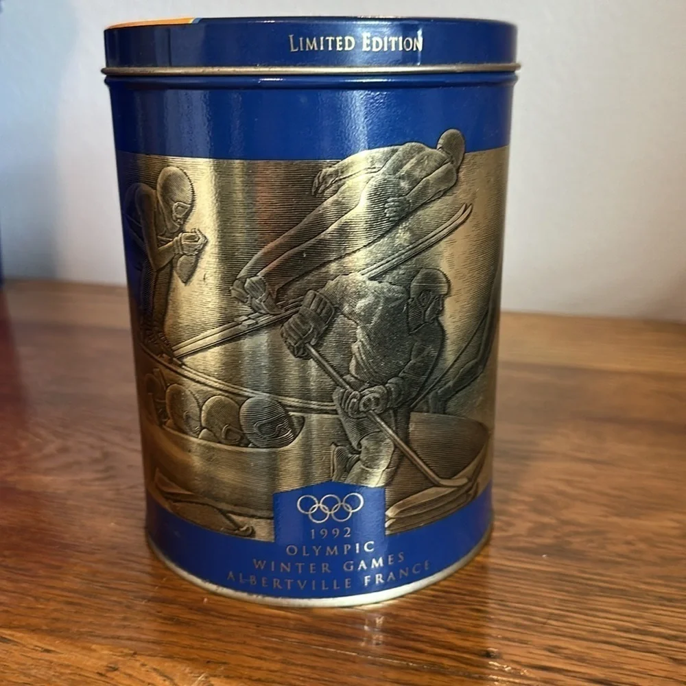 Vintage Uncle Ben’s Rice Blue and Orange Tin featuring the 1992 Winter Olympics